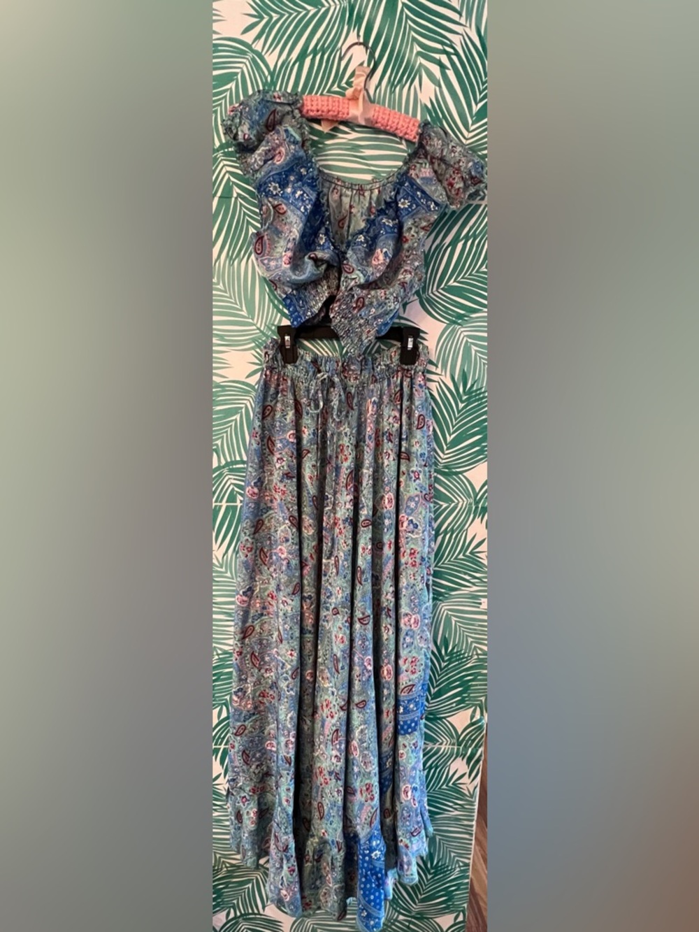 Top & skirt set boho paisley print blue green flowly skirt elastic top & bottom